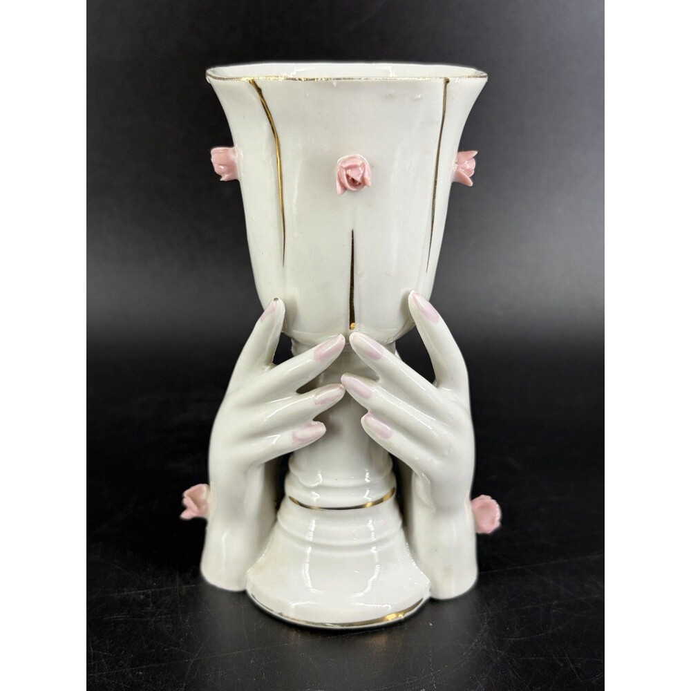 Vintage Lefton Chalice Lady Hand Vase W/Pink Roses & Gold Trim Hand Painted